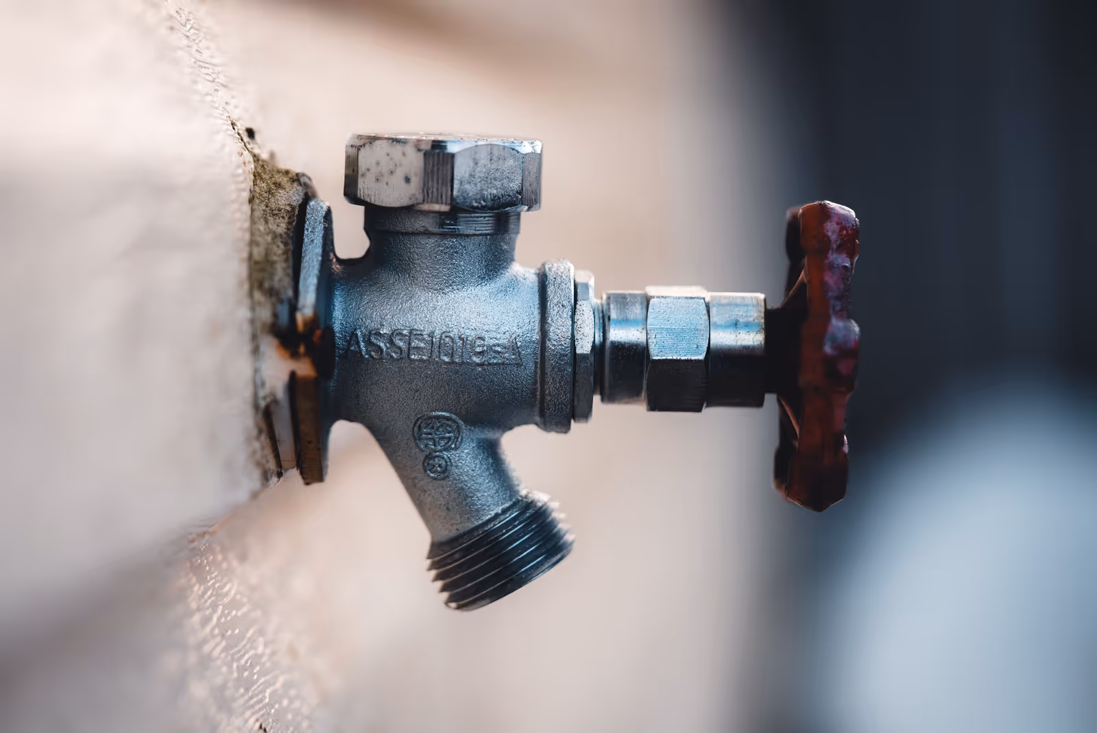 A metal outdoor hose-bib spigot on the side of a house, the kind of outdoor tap used to draw a well water sample for lab testing