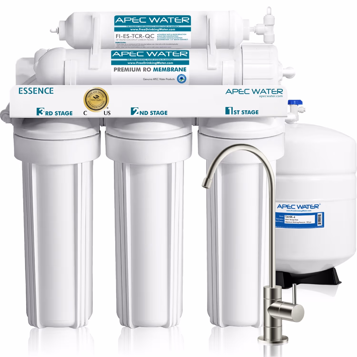 APEC ROES-50 Essence five-stage reverse osmosis system with storage tank and dedicated faucet