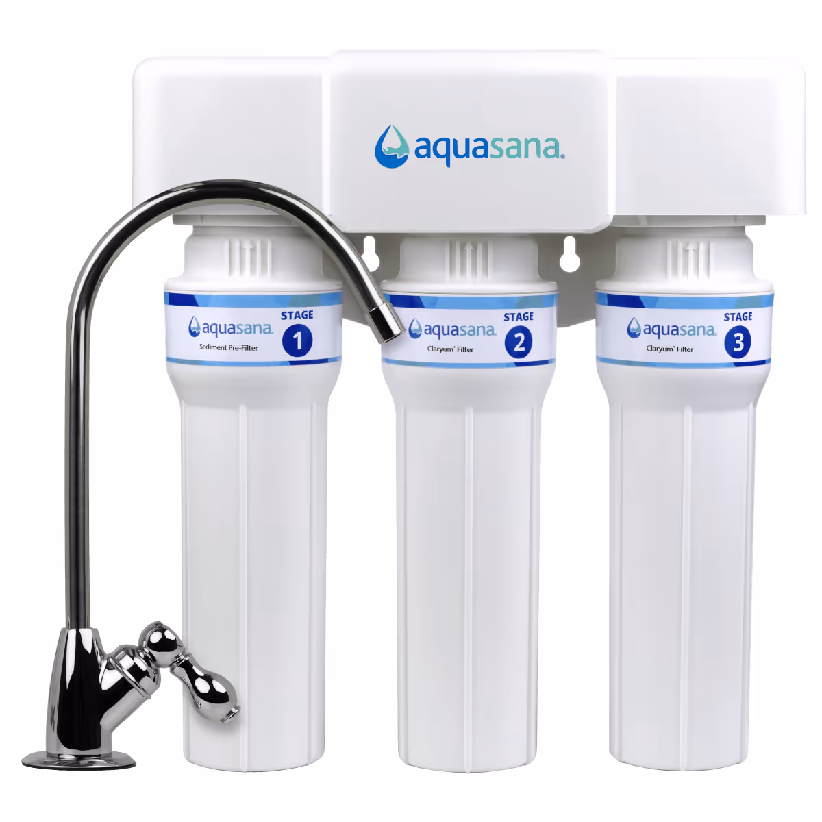 Aquasana Claryum AQ-5300+ three-stage under-sink water filter with a chrome dedicated faucet