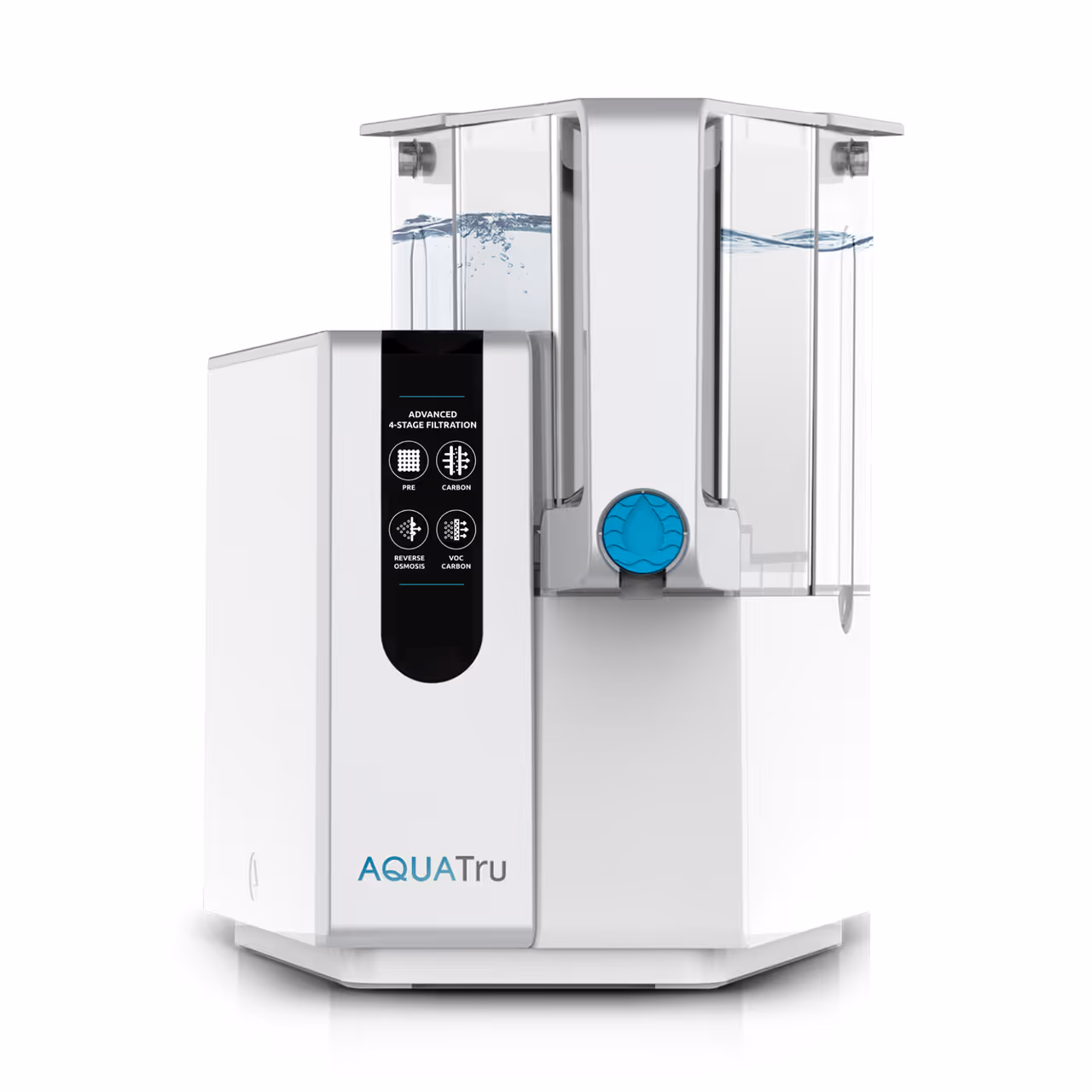 AquaTru Classic countertop reverse osmosis water purifier: a compact white and black tabletop unit with a front dispensing spout and two internal water tanks