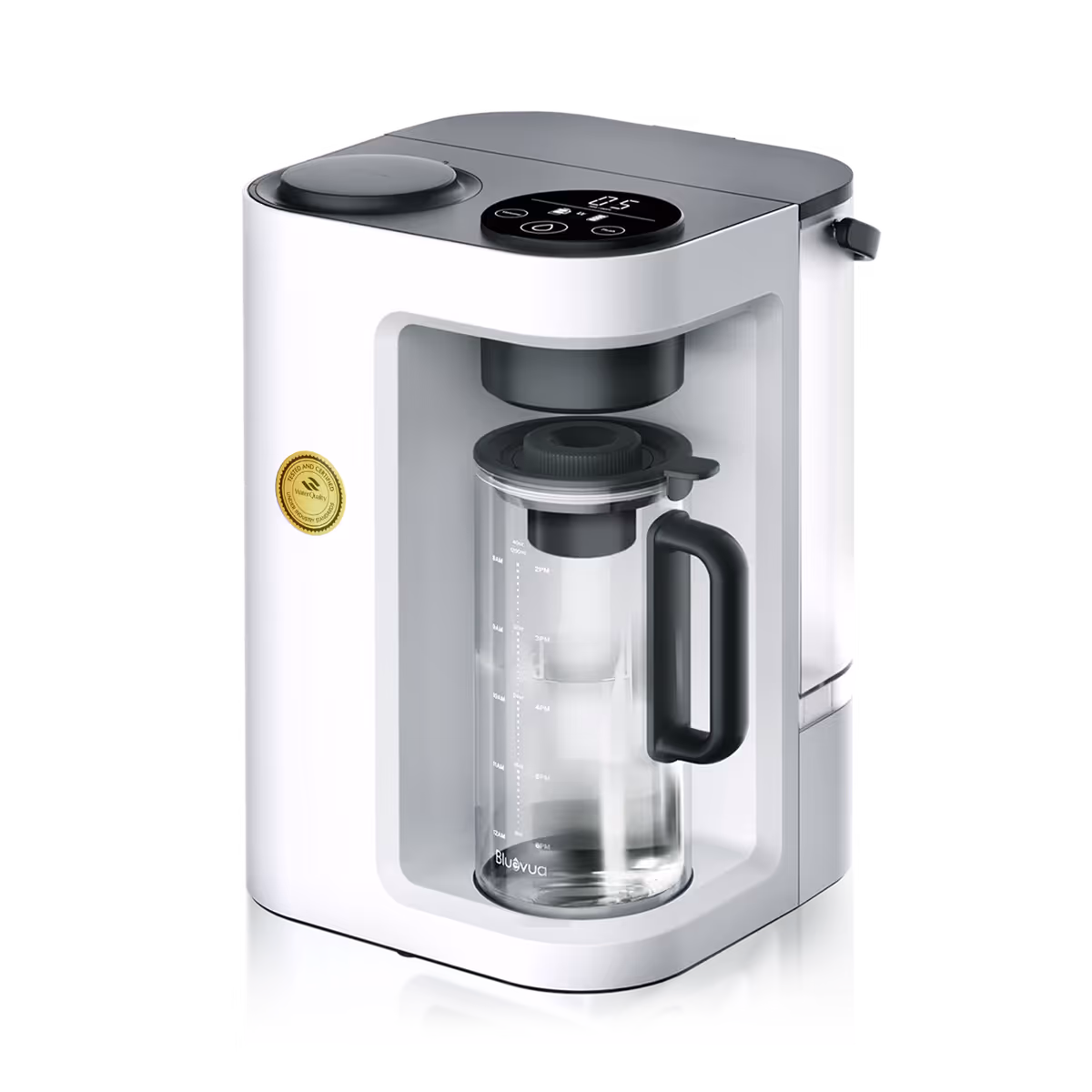 Bluevua RO100ROPOT countertop reverse osmosis system: a white base station beside its clear glass water carafe