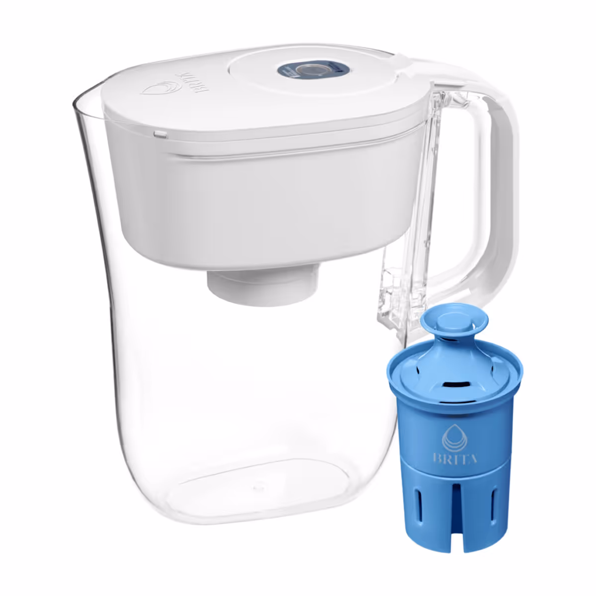 Brita water filter pitcher with the blue Elite filter: a clear pitcher with a white lid shown beside the blue Elite cartridge that reduces 99% of lead