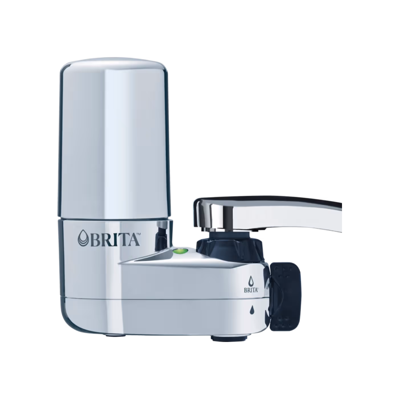 Brita Elite faucet filtration system: a compact silver faucet-mounted filter unit with a filter-life indicator light and a diverter switch
