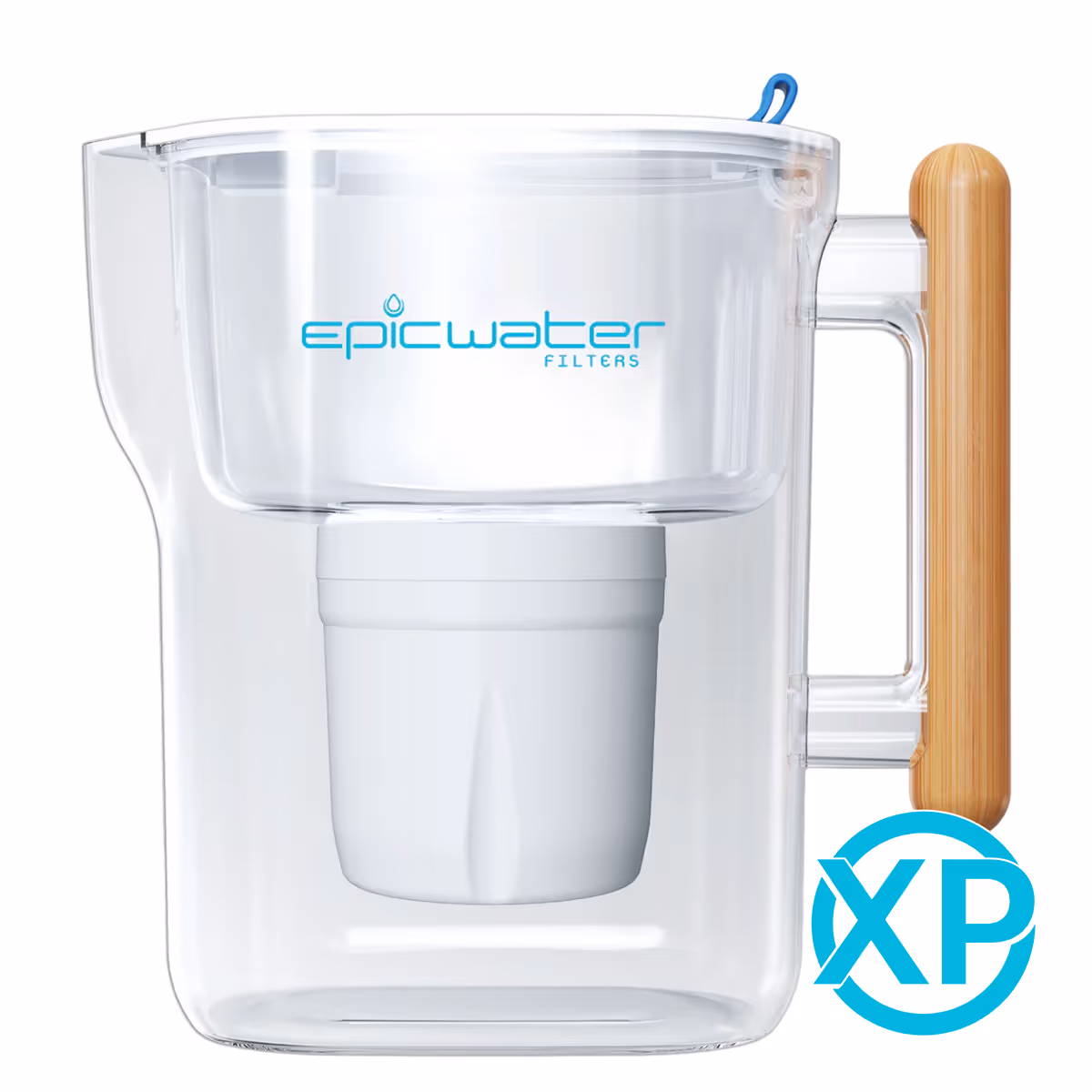 Epic Pure / Pure XP pitcher: a clear pitcher with a bamboo handle and white filter cartridge visible inside the reservoir