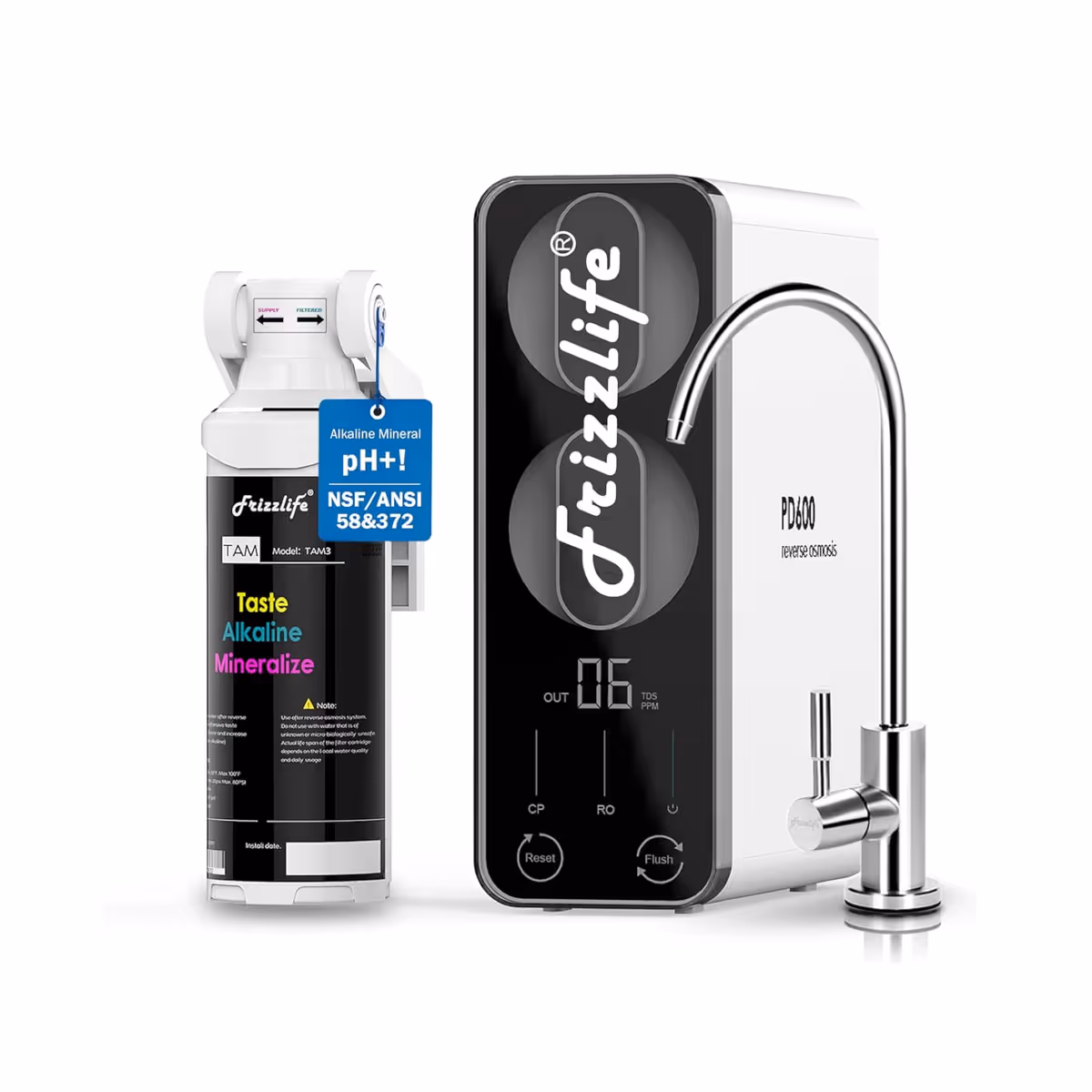 Frizzlife PD600-TAM3 tankless under-sink reverse osmosis system: a compact black-and-white unit with the Frizzlife logo, a filter cartridge with an alkaline mineral badge, and a digital TDS display faucet