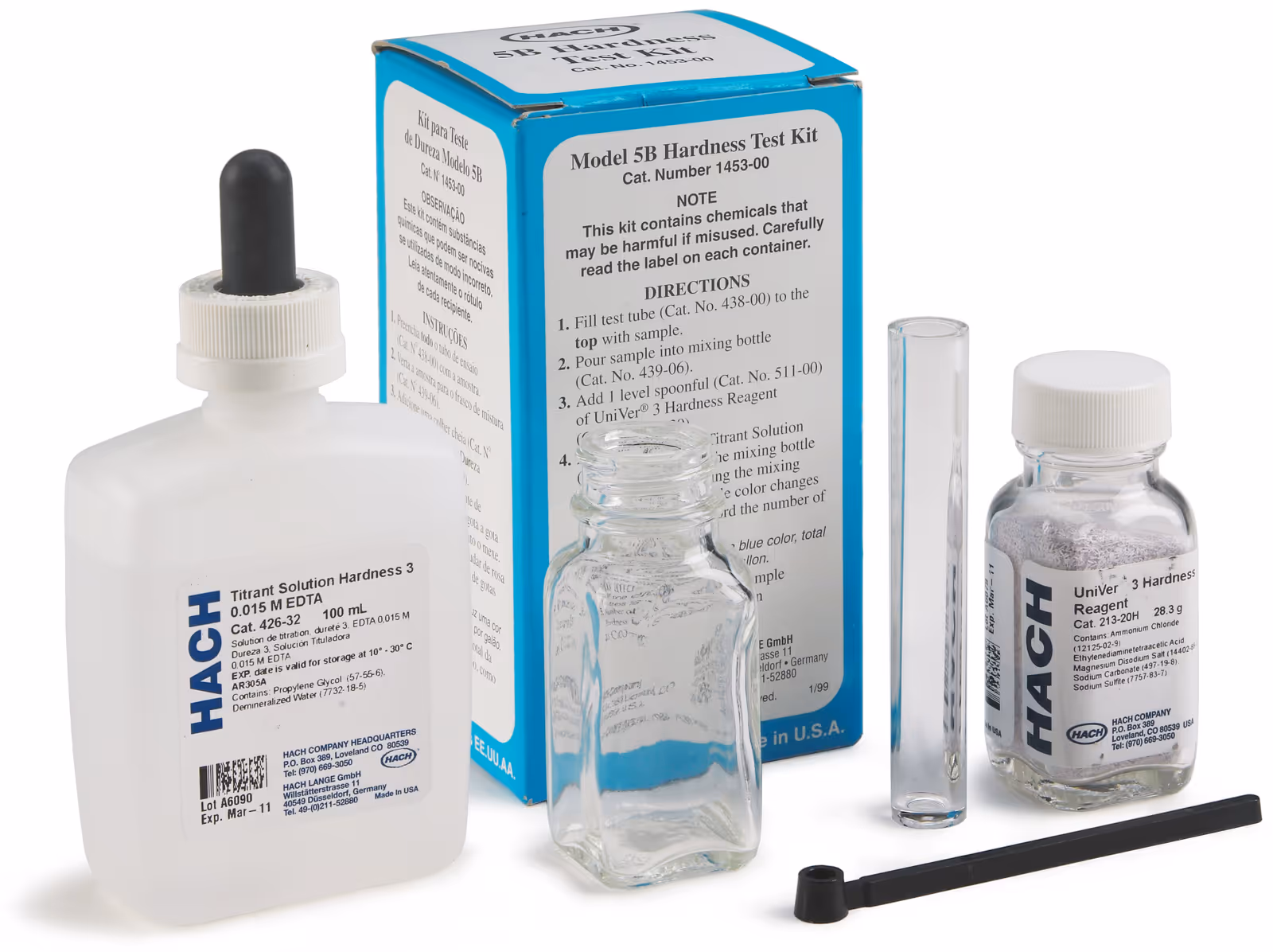 Hach Total Hardness Test Kit Model 5-B: bottles of titration reagents and drop-count equipment for measuring water hardness in grains per gallon