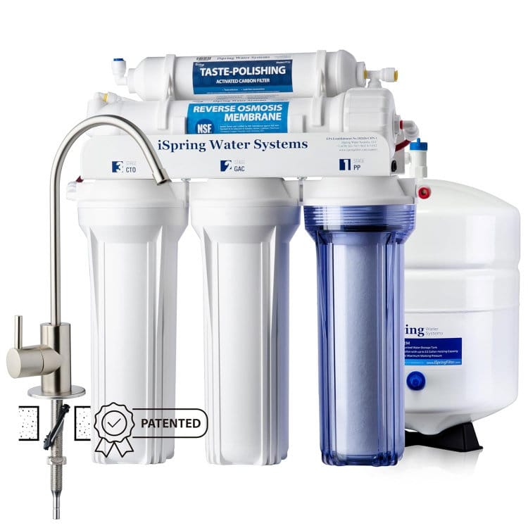 iSpring RCC7 five-stage under-sink reverse osmosis system: white filter housings, a clear first-stage housing, reverse osmosis membrane, storage tank, and a dedicated faucet