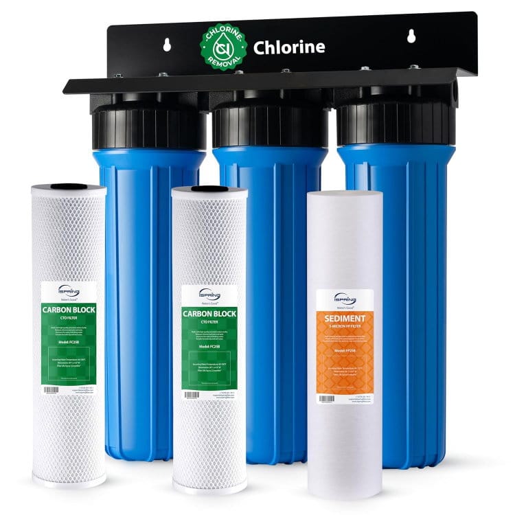 iSpring WGB32B three-stage whole-house filter: three big-blue housings for sediment, carbon, and iron and manganese cartridges