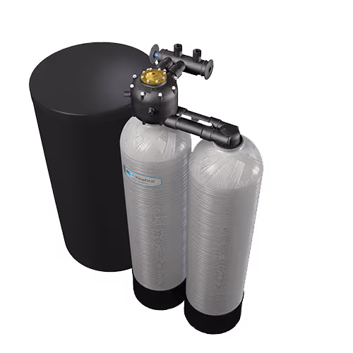 Kinetico Signature Series water softener: twin gray resin tanks joined by a non-electric control valve, with a black round brine tank behind, shown on a white background