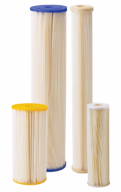 Pentek ECP Series pleated sediment cartridges: accordion-pleated cellulose and polyester filter cartridges with blue, tan, and yellow end caps on a white background