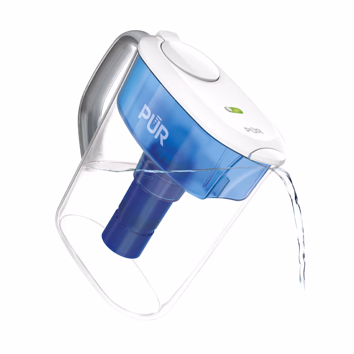 PUR PLUS water filter pitcher: a clear pitcher with a blue reservoir and white lid pouring filtered water, with a filter-change indicator light