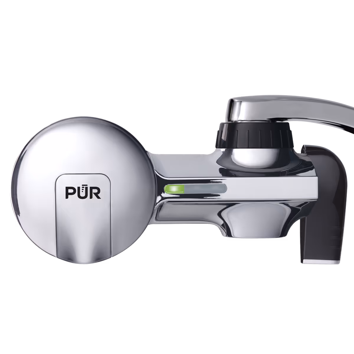 PUR PLUS faucet-mount water filter: a chrome-finish filter housing that attaches to a kitchen faucet, with a diverter lever to switch between filtered and unfiltered water