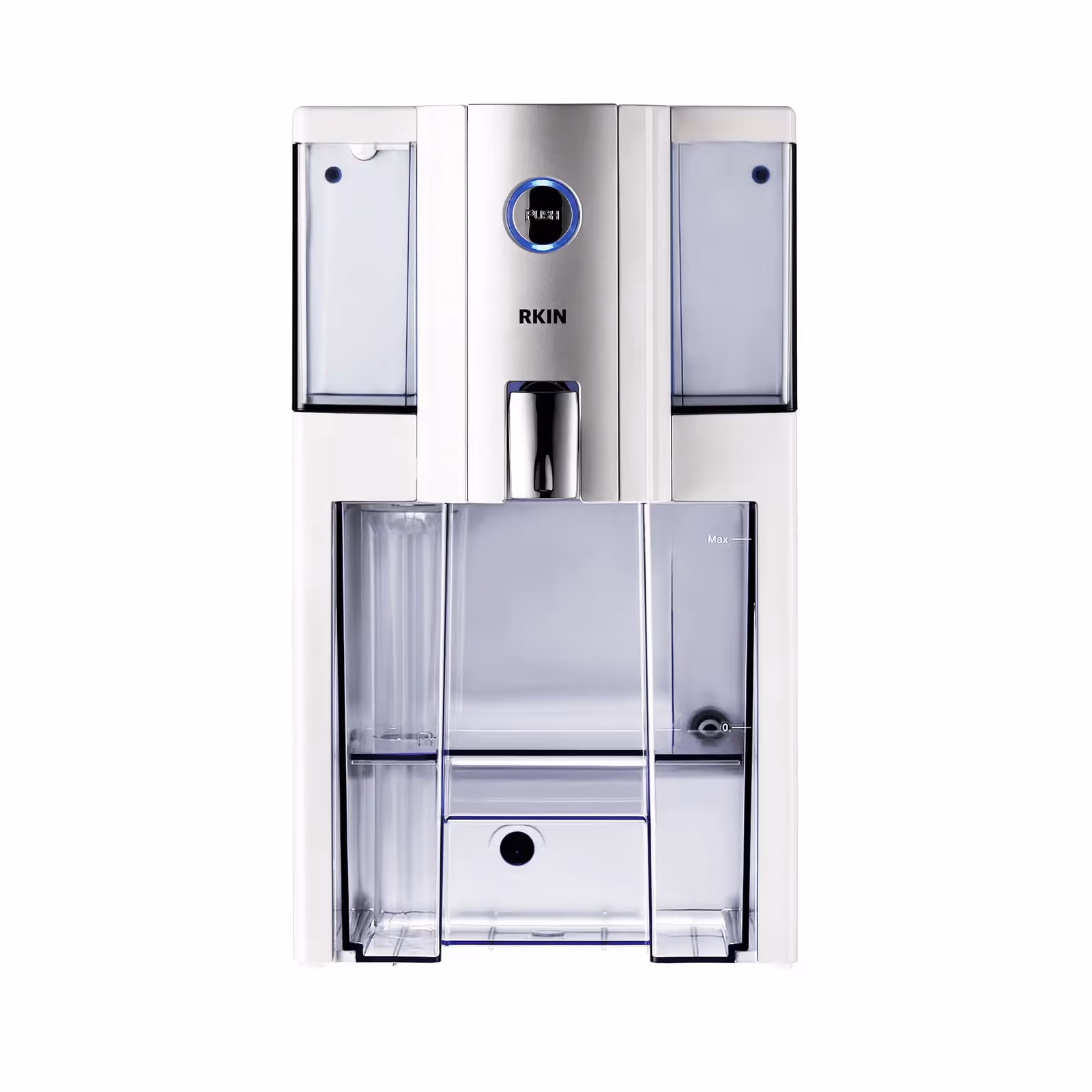 RKIN Zero Installation Purifier countertop reverse osmosis system: a white dispenser with a stacked top clean-water tank and bottom tap-water tank and a front spout