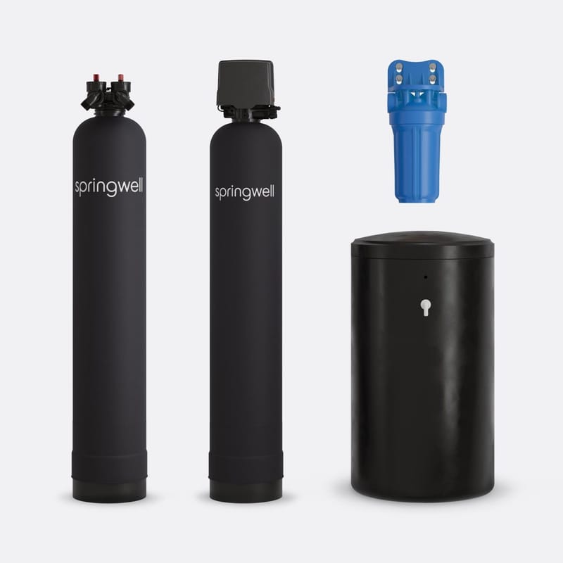 SpringWell WSSS well filter and softener combo: an air-injection iron and sulfur filter tank ahead of a salt-based softener tank and brine tank