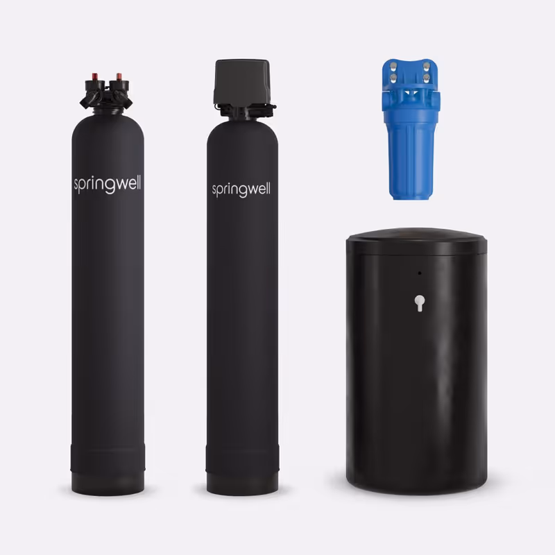 SpringWell whole-house filter and salt-based softener combo: carbon filter, softener tank, and brine tank