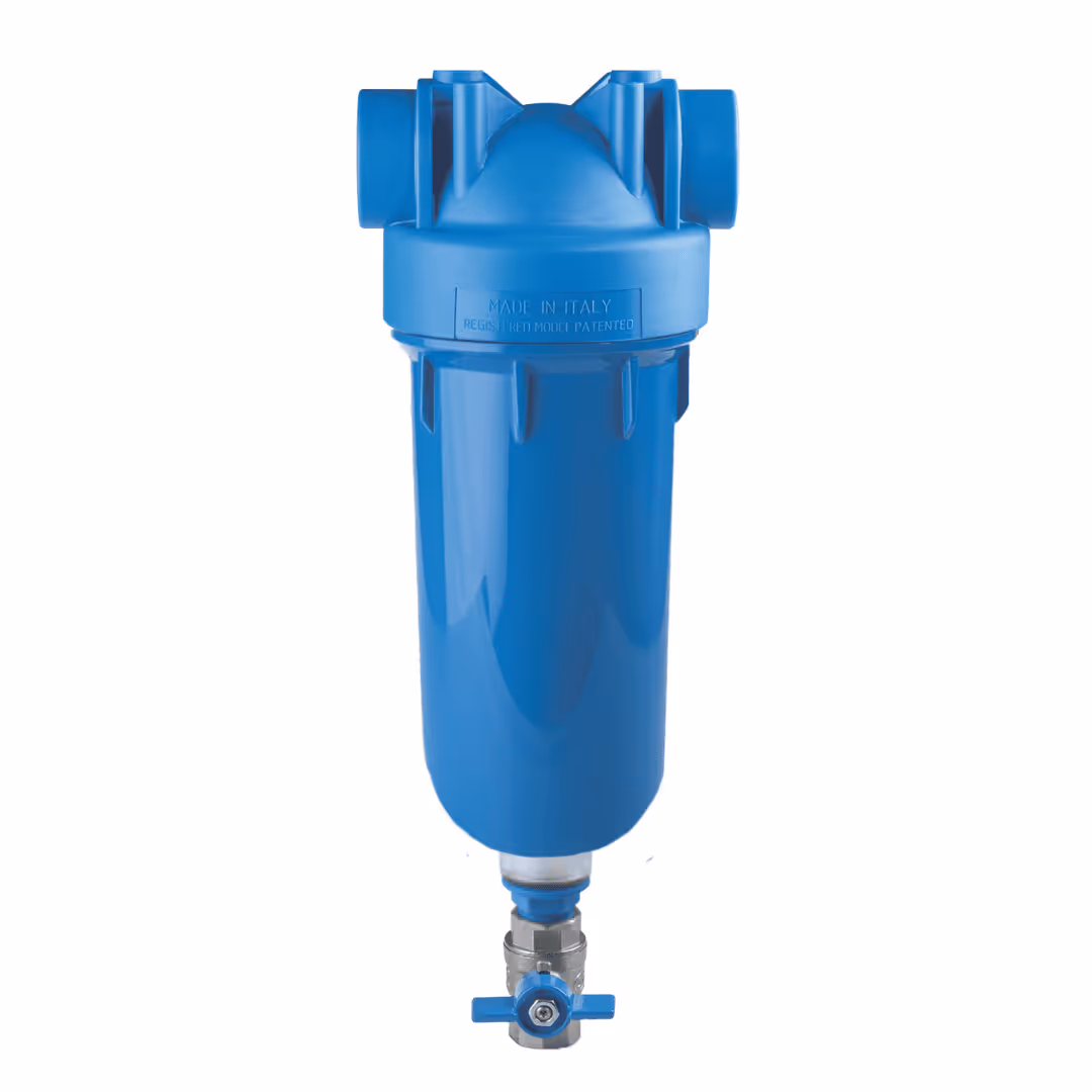 SpringWell spin-down sediment filter: a solid blue canister housing with a domed top, two threaded inlet and outlet ports, and a chrome flush valve with a blue T-handle at the bottom