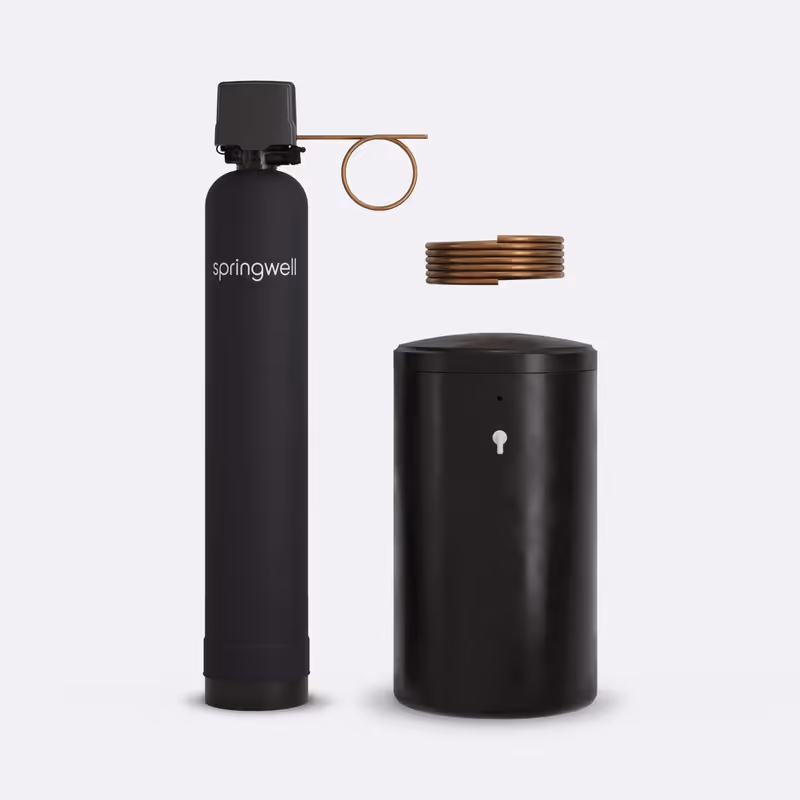 SpringWell SS1 salt-based water softener system: mineral tank, metered control head, and brine tank