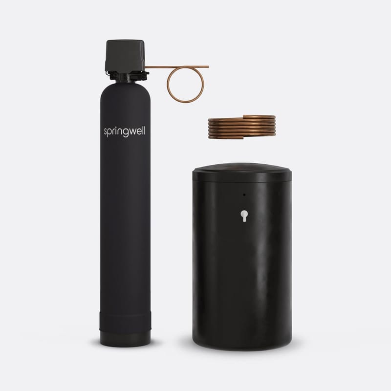SpringWell SS1 salt-based water softener system: mineral tank, metered control head, and brine tank