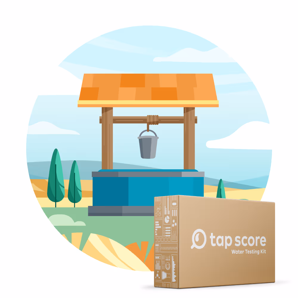 Tap Score Essential Well Water Test: mail-in kit with sample bottles and collection materials for a certified lab analysis