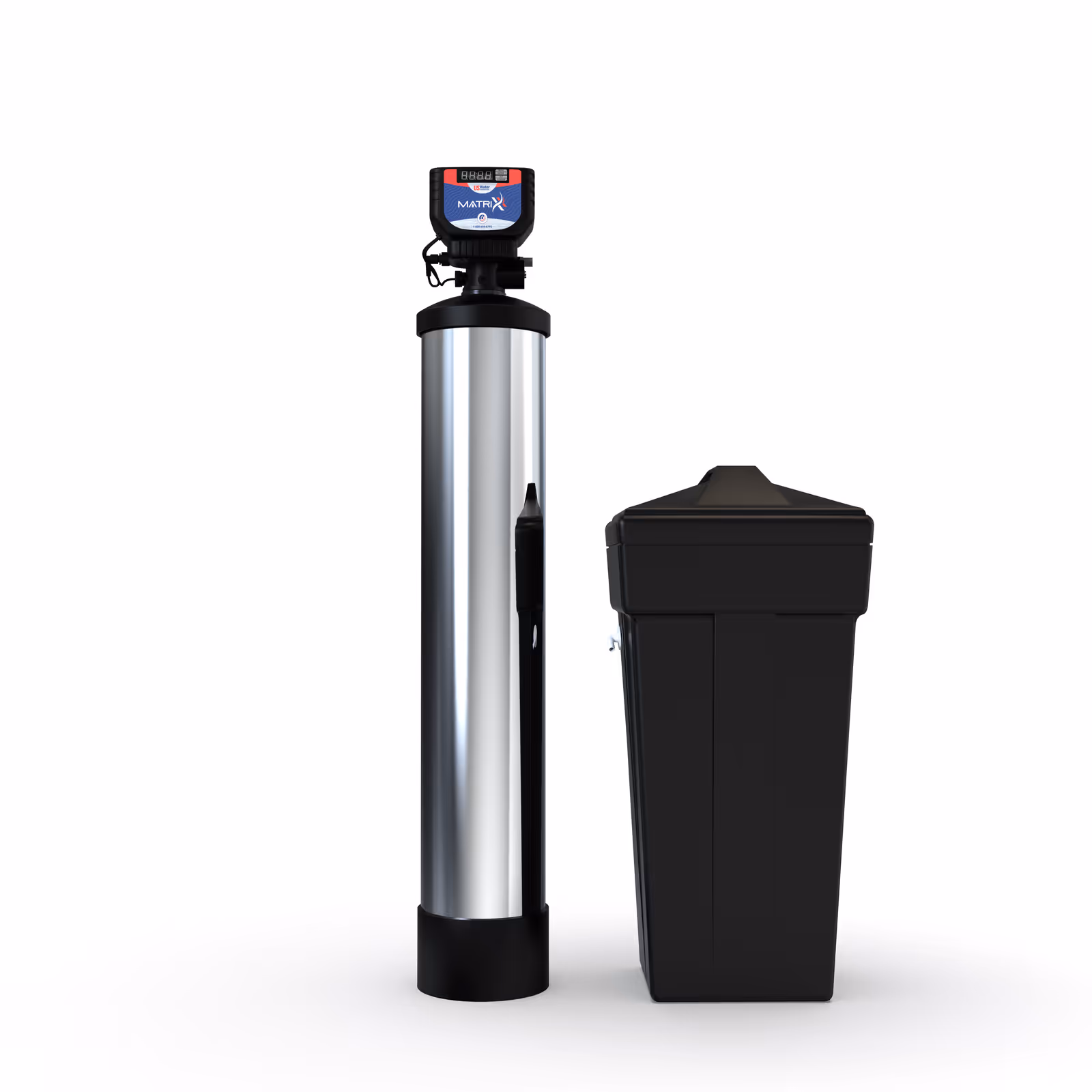 US Water Systems Matrixx smart-metered water softener: a chrome resin tank topped by a digital Matrixx control valve, beside a black brine tank