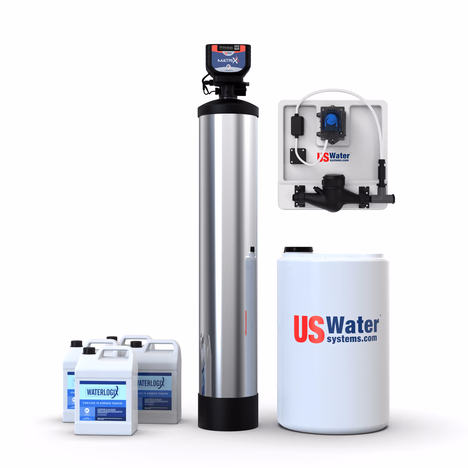 US Water Systems Matrixx inFusion iron and sulfur removal system: a stainless-steel media tank with a digital Matrixx control valve, a wall-mounted peroxide injection panel, a white solution tank, and jugs of stabilized hydrogen peroxide