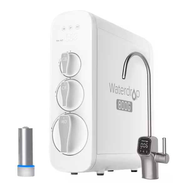 Waterdrop G3P800 tankless under-sink reverse osmosis system: a slim white unit with three twist-in filter cartridges and a digital TDS display, beside its brushed-nickel faucet
