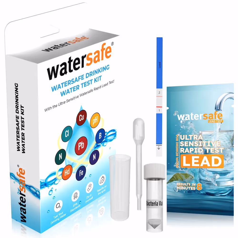 Watersafe all-in-one well and tap water test kit retail box, screening for lead, bacteria, pH, nitrate, pesticides, and hardness