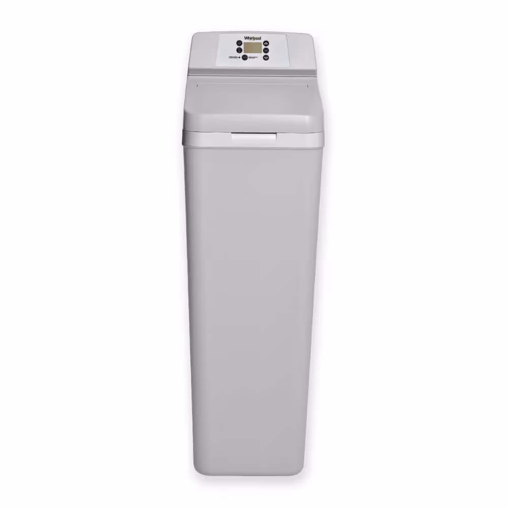 Whirlpool WHES40E water softener: a single light-gray cabinet-style unit with a digital control panel on top, shown on a white background