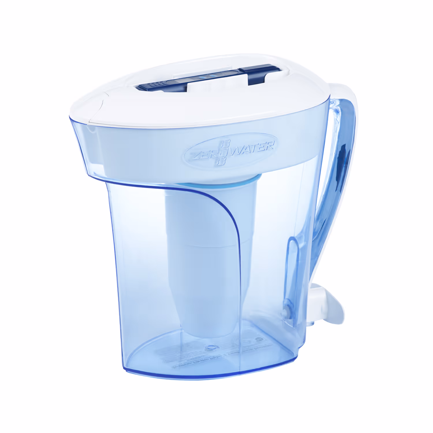 ZeroWater 5-stage filter pitcher: a clear plastic water pitcher with a blue lid and a five-stage filter cartridge in the reservoir